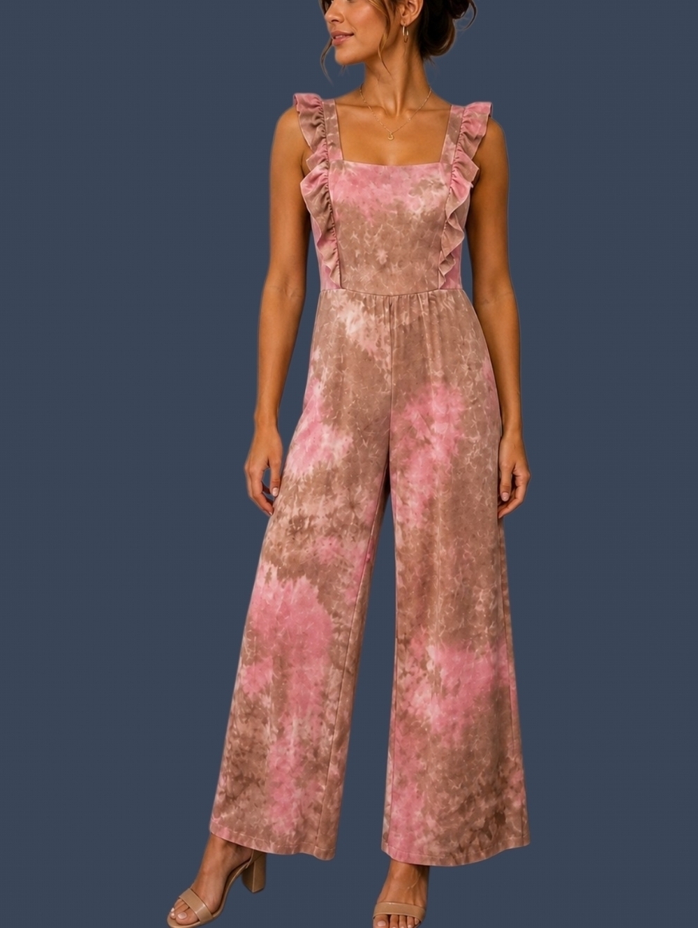 VIBE Tan and Pink Tie Dye Ribbed Ruffle Sleeveless Hippie Jumpsuit Romper